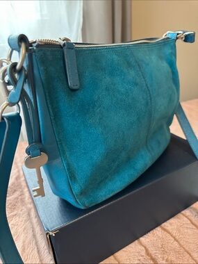 Teal Fossil Suede & leather Crossbody Bag with Key Charm EUC